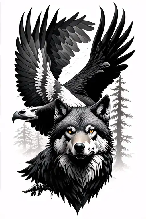 small flying eagle trees and wolf tattoo design idea