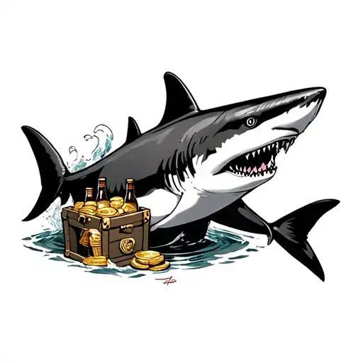 Traditional shark tattoo great white swimming around treasure chest, but instead of gold in the chest beer bottles tattoo design idea