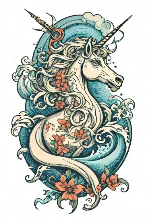 the last unicorn by the sea wave tattoo design idea