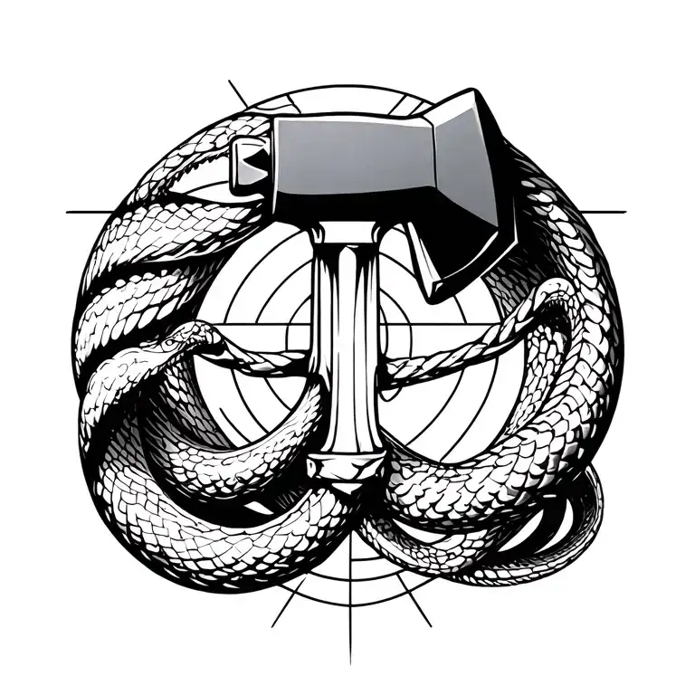 I want a hammer circled by a viper. The snake part below the hammer will be skeletal. tattoo design idea