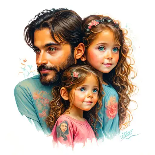 Father with daughters surrounded by cartoons from 2000 tattoo design idea