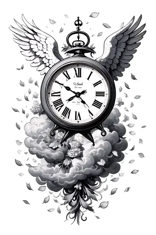 clock set 10am and angels and clouds around with petals falling more tattoo design idea