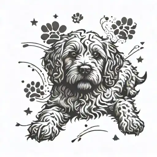 cockapoo with paw prints surrounding tattoo design idea