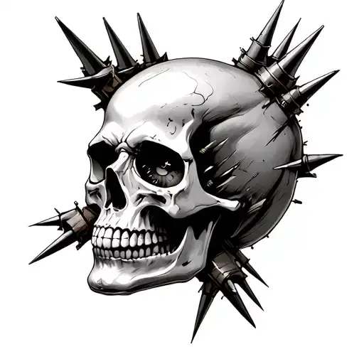 Human skull with railroad spikes driven through the eyes tattoo design idea