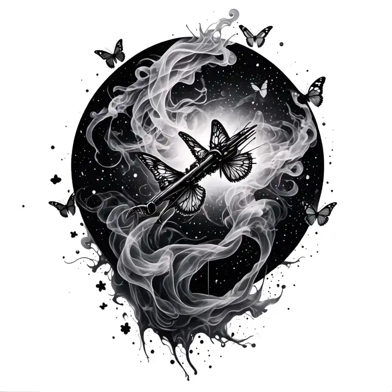 Sagittarius constellation sign inc splatter smoke and butterflies tattoo design idea