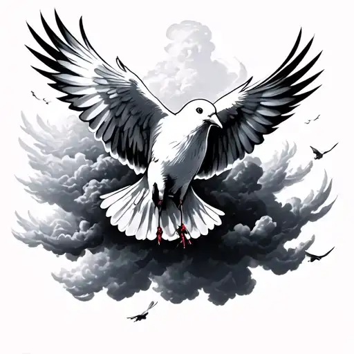 clouds surrounding Doves fly up towards tattoo design idea