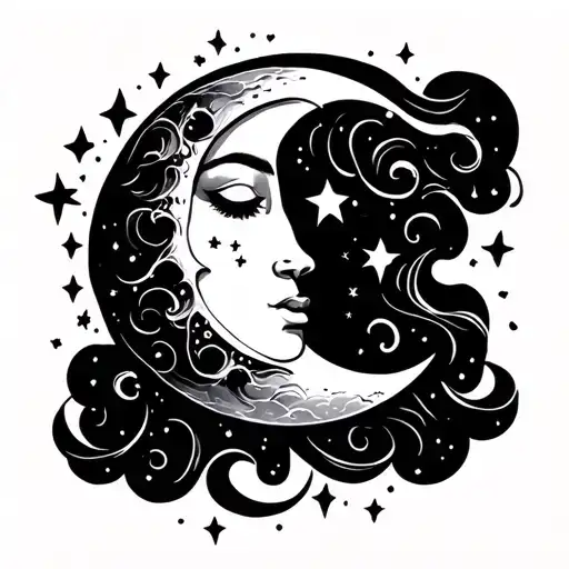 stylized moon face kissing crescent moon with swirling clouds and stars in vintage style tattoo design idea
