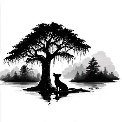weeping willow tree with dog sitting tattoo design idea