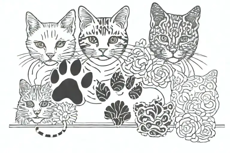 four cat paw prints in a horizontal line, all in different patters, black and white ink tattoo design idea