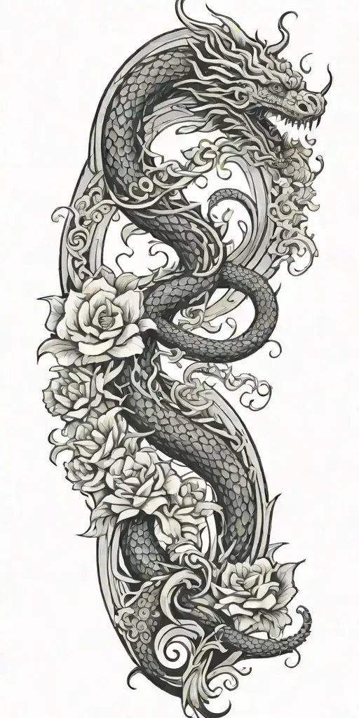 architecture patterns with water waves flowing, flowers, dragons tattoo design idea
