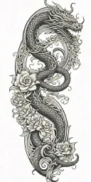 architecture patterns with water waves flowing, flowers, dragons tattoo design idea