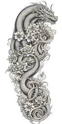 architecture patterns with water waves flowing, flowers, dragons tattoo design idea