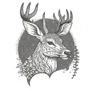 A minimalist outline of a deer with a small ax tucked behind its ear, symbolizing strength and resilience tattoo design idea