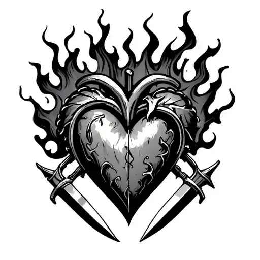 Heart with Flames and daggers tattoo design idea