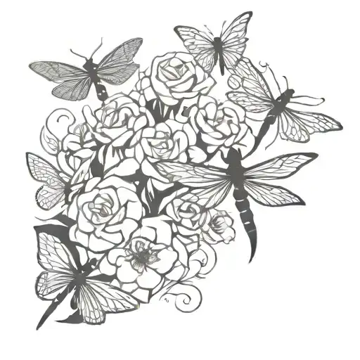 Scorpion roses dragonfly butterflies flying tattoo design idea