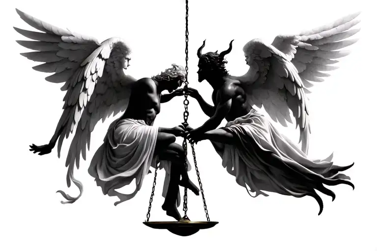 Angel and demon in equilibrium, connected by a scale or light and shadow merging, symbolizing the duality of life tattoo design idea