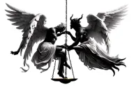 Angel and demon in equilibrium, connected by a scale or light and shadow merging, symbolizing the duality of life tattoo design idea
