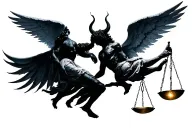 Angel and demon in equilibrium, connected by a scale or light and shadow merging, symbolizing the duality of life tattoo design idea