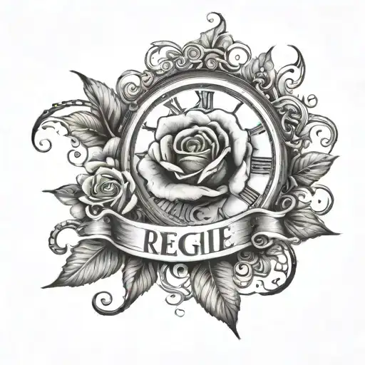 Reggie name with clock surrounded and rose intertwined half sleeve long  tattoo design idea