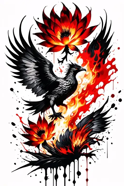 fiery phoenix flying lotus flowers tattoo design idea