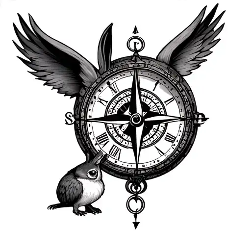owl rabbit compass clock tattoo design idea
