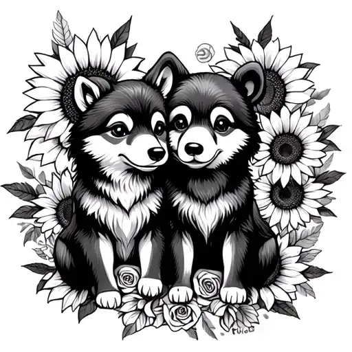  cute baby wolf and bear sitting with sunflowers and roses. black tattoo design idea