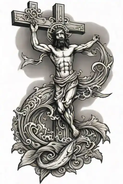 Jesus cross with salmon jumping tattoo design idea