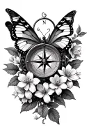 3D mountains & compass intertwined, with jasmine flowers on vine & 3d butterfly that wraps around your shoulder to elbow tattoo design idea