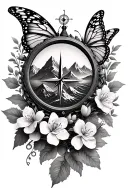 3D mountains & compass intertwined, with jasmine flowers on vine & 3d butterfly that wraps around your shoulder to elbow tattoo design idea