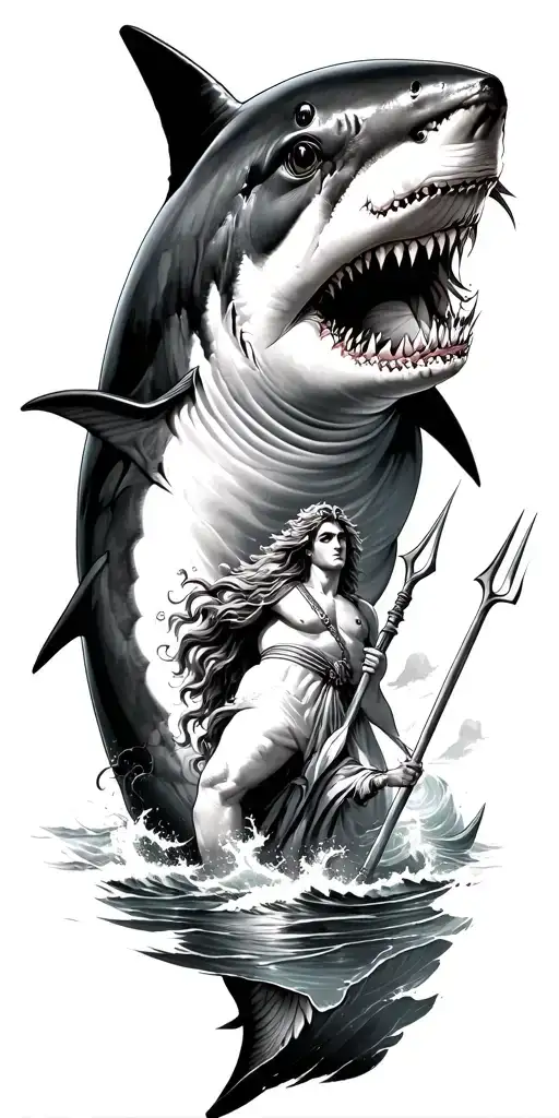 mako shark with ocean theme on forearm and Poseidon holding a trident on the bicep and shoulder life like tattoo design idea