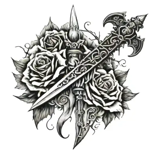 The word jinx embedded in a dagger tattoo design idea