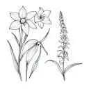 daffodil, narcissus, calla lily, and larkspur fine line tattoo tattoo design idea