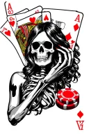 Skeleton women holding a royal flush of hearts with poker chips in the background  tattoo design idea