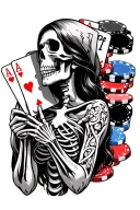 Skeleton women holding a royal flush of hearts with poker chips in the background  tattoo design idea