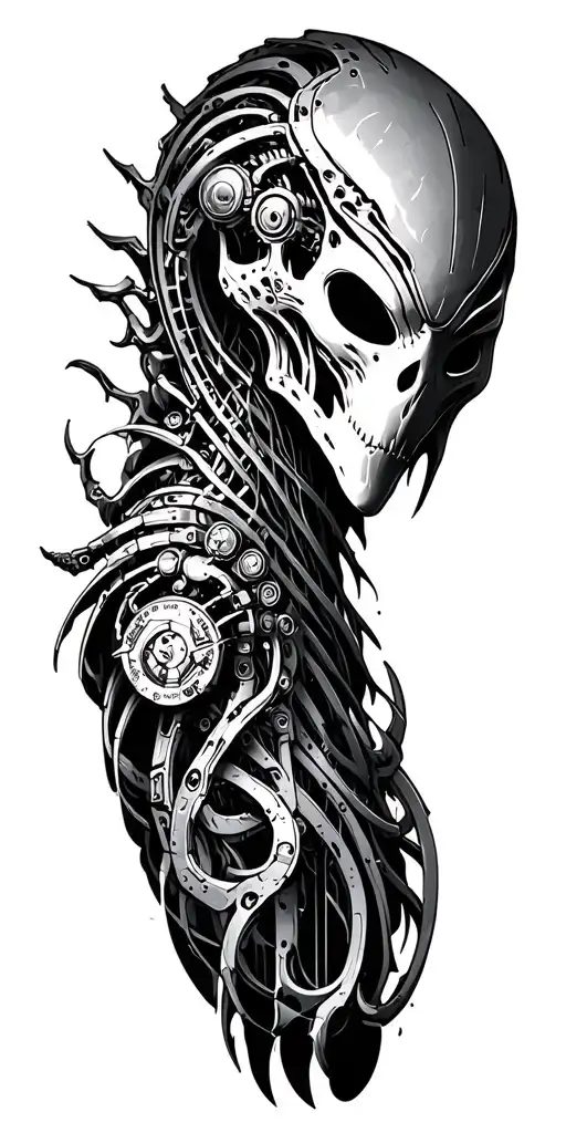 Dark biomechanical full sleeve tattoo design inspired by Warhammer 40k Adeptus Mechanicus and H.R. Giger’s Alien, seamle tattoo design idea