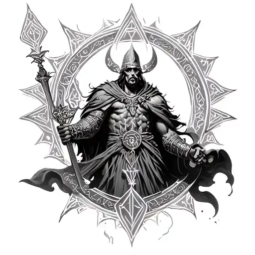 hermetic warrior surrounded by mystical tattoo design idea