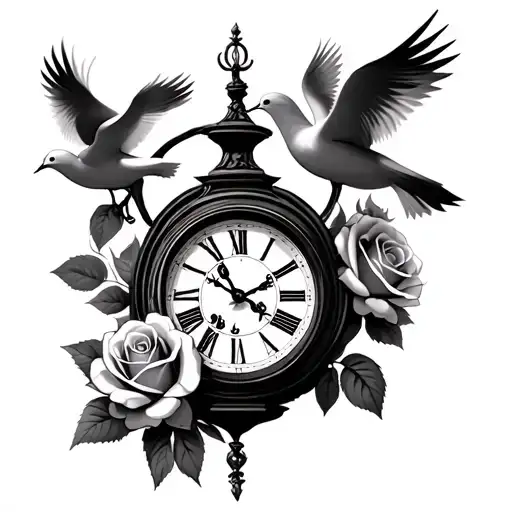 grandfather clock with 4 roses and dove tattoo design idea