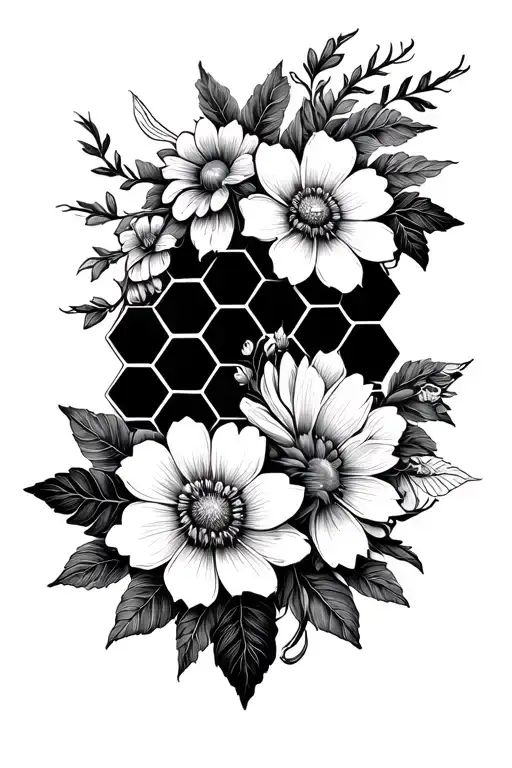 A geometric honeycomb pattern with intricate flowers intertwined, symbolizing the connection between bees and flowers,  tattoo design idea