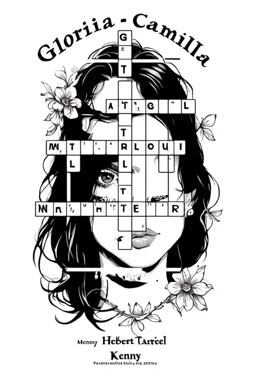 crossword puzzle with the following names Gloria, Camila, Ariel, Herbert, Kenny tattoo design idea