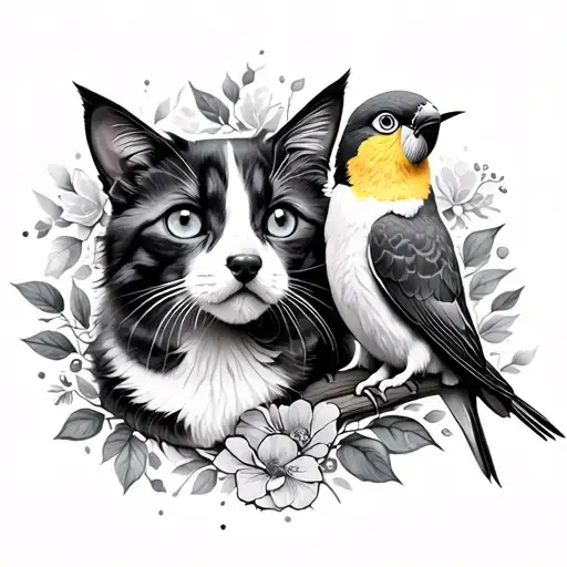 dog, cat and love bird tattoo design idea