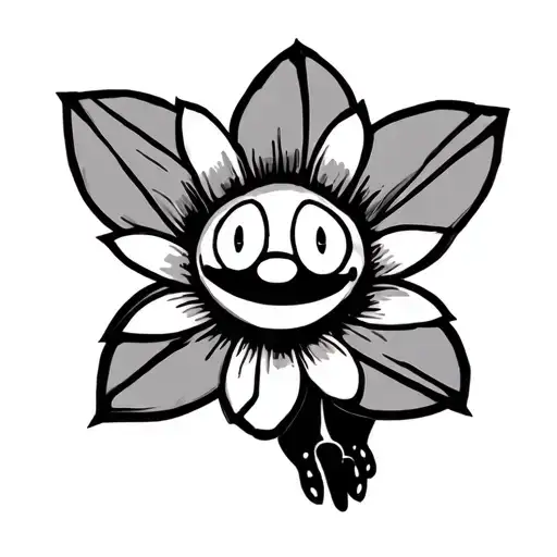 a cuphead inspired tattoo of a flower with face and feet (like human) with geometric lines tattoo design idea
