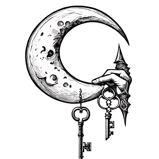 A palestinian kuffiye envolving a half a moon with a key holding on the bottom spike of the moon tattoo design idea
