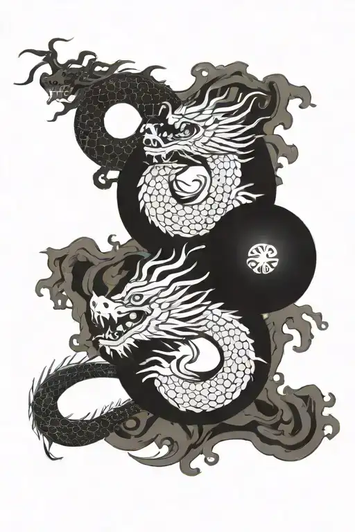 Chinese Dragon with a black black Glas Ball in the left and a white Glas ball in the other hand. The dragon should be sp tattoo design idea