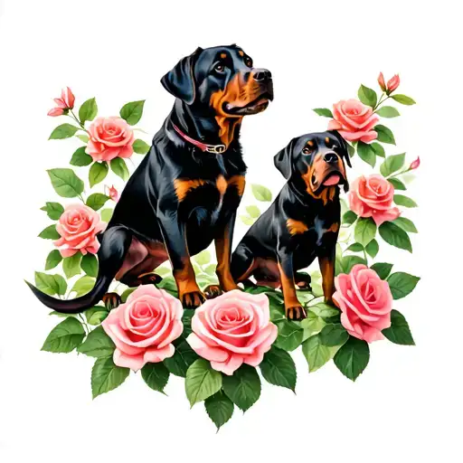 Rottweiler dog family tree colored roses growing tattoo design idea