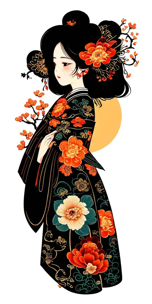 flowing narrative moving from mandala science, woodworking, family and hime,whimsy, geometric, funny scene, loss & hurt tattoo design idea