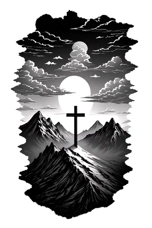an angle looking over a mountain scape with clouds and sun and on the mountains 3 crosses  tattoo design idea