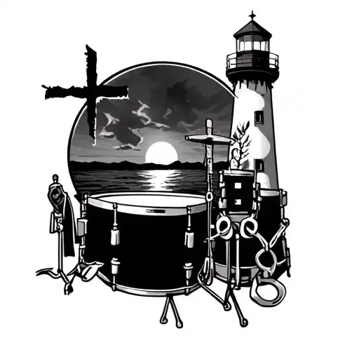 Right top half arm sleeve. Cross on the bicep, a lighthouse with handcuff on the tricep, a snare drum with drum tablatur tattoo design idea