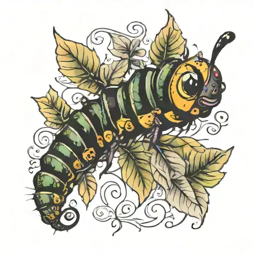 caterpillar metamorphosis and leaves growing tattoo design idea