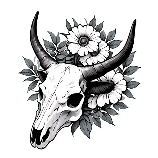 longhorn skull with February, April, July, September, October, November, December birth month flower simple tattoo design idea