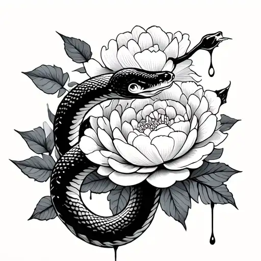 Irezumi tattoo flash, coiled snake and peony blossoms, black and gray only, droplets dripping like sweator ink, bold co tattoo design idea